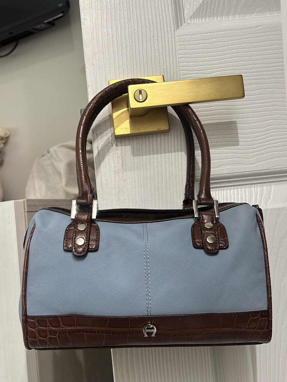 Vintage Etienne Aigner Two-Tone Barrel Satchel - Light Blue & Brown Croc Trim